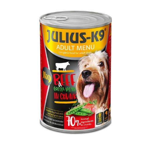 Julius-K9 konzerv Adult - nedveseledel (marha,borsó) felnőtt kutyák részére (12* 1240g) 11+1